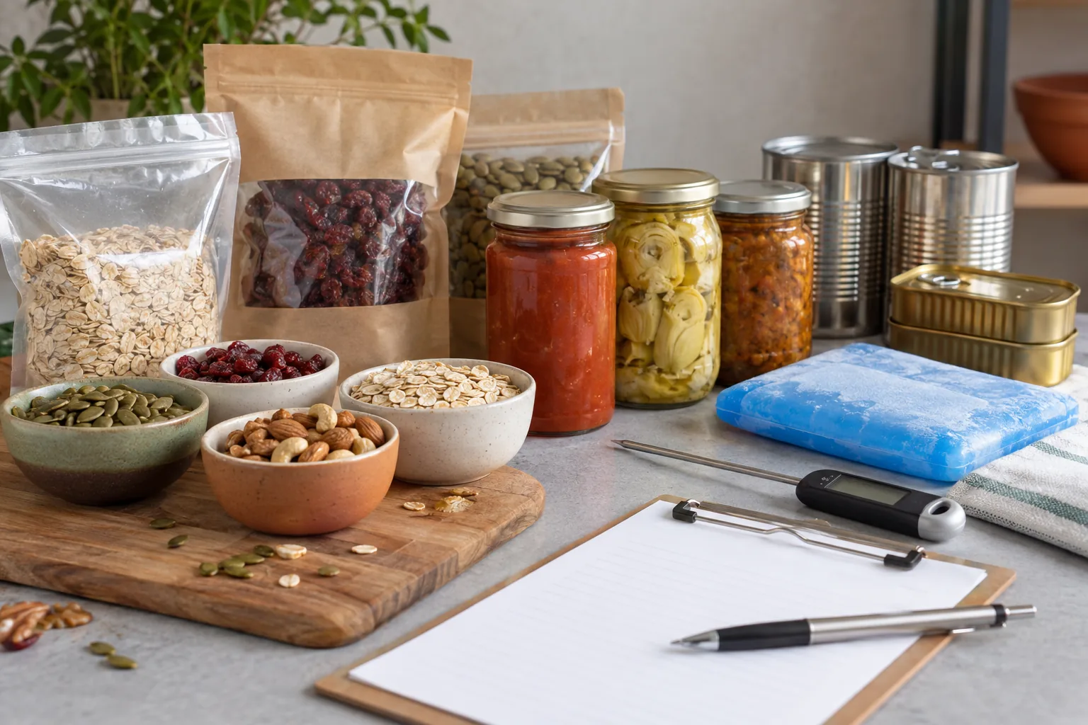 Alimentos procesados en envases sin marca junto a ingredientes y control de temperatura.