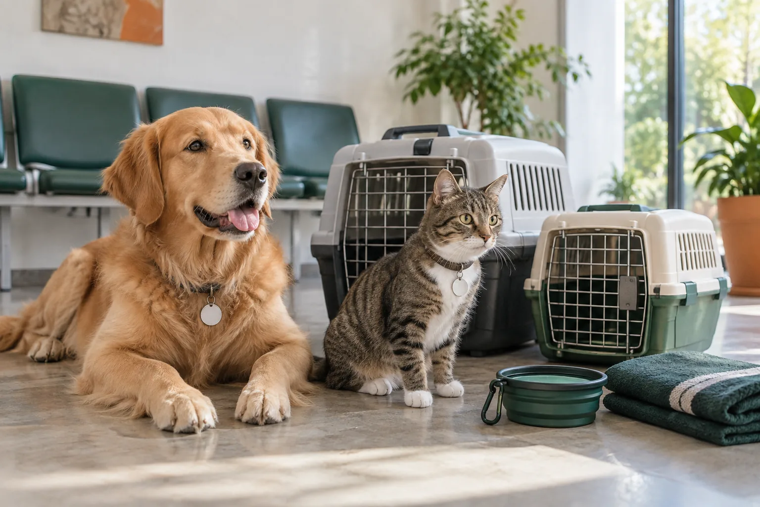 Perro y gato tranquilos junto a transportadoras limpias y elementos de identificación veterinaria.