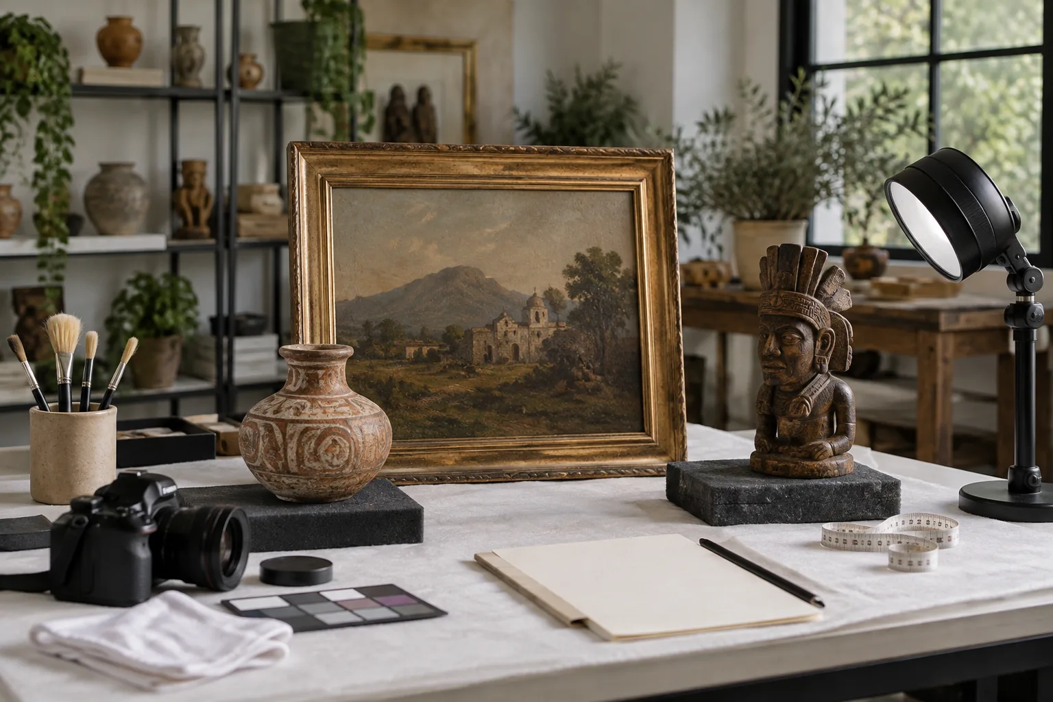Pintura y objeto antiguo en una mesa de conservación con herramientas de medición y procedencia.