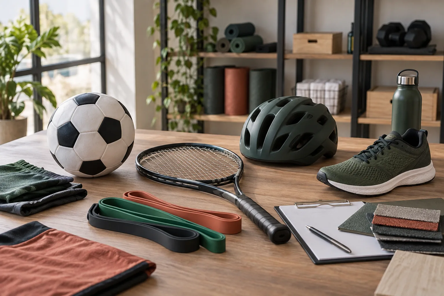 Artículos deportivos sin marca agrupados por disciplina, material y talla.
