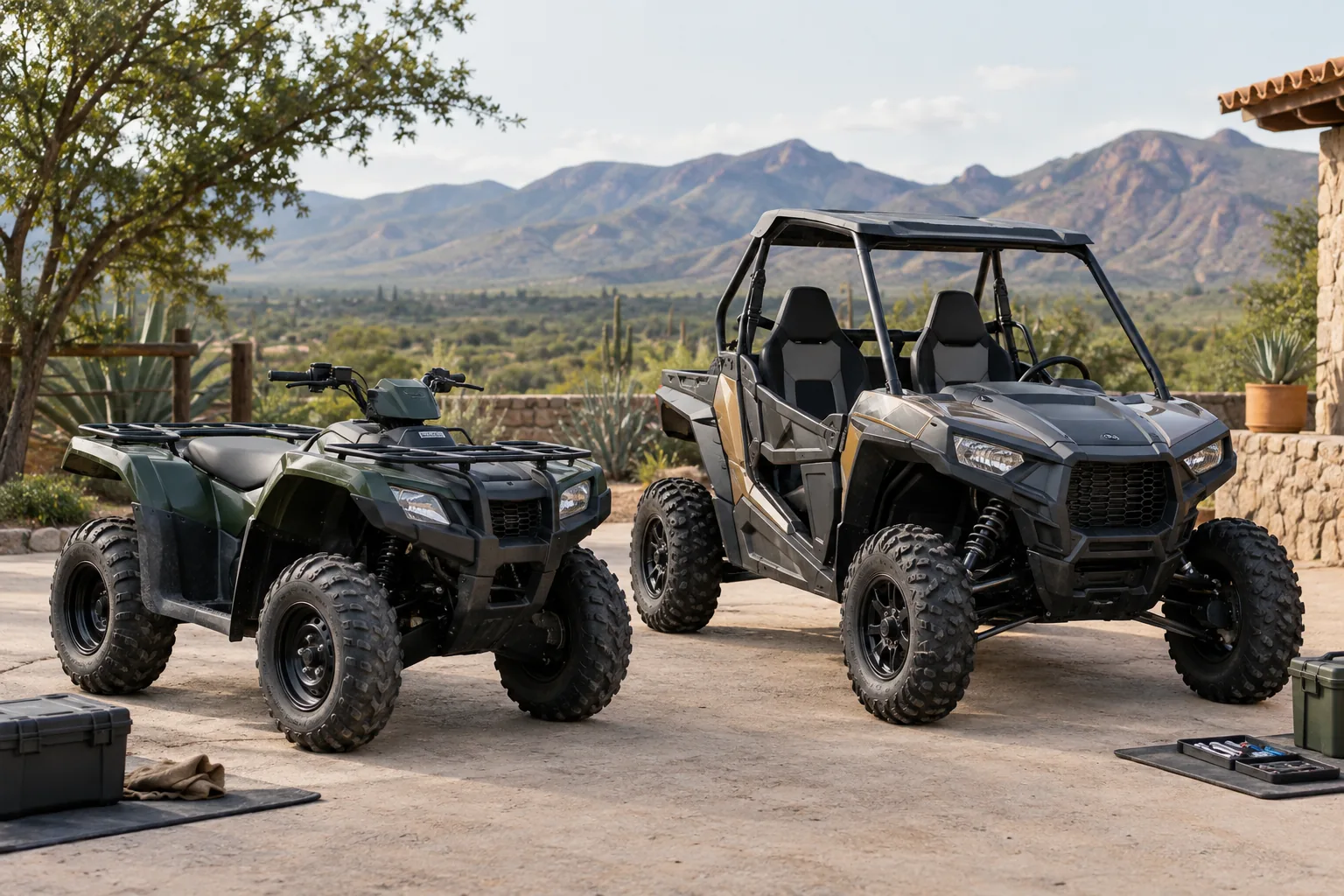 ATV y UTV sin marca preparados para comparar configuración, motor y uso previsto.