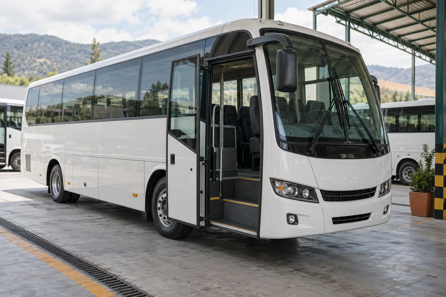 Autobús sin marca en un patio de inspección con vista de asientos, ejes y dimensiones.