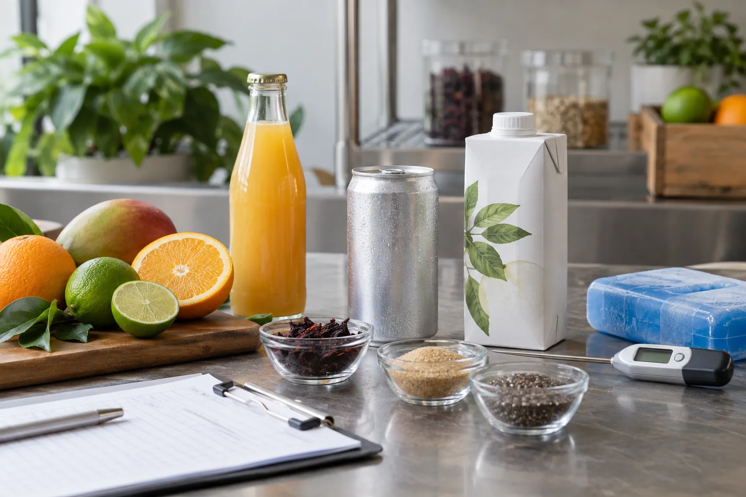 Bebidas no alcohólicas sin marca en distintos envases junto a ingredientes y control de temperatura.