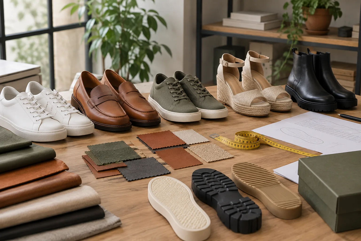 Pares de calzado y muestras de materiales organizados por modelo, talla y composición.