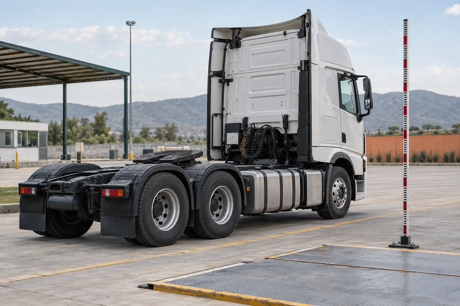 Tractocamión sin marca preparado para revisar configuración, ejes y dimensiones.