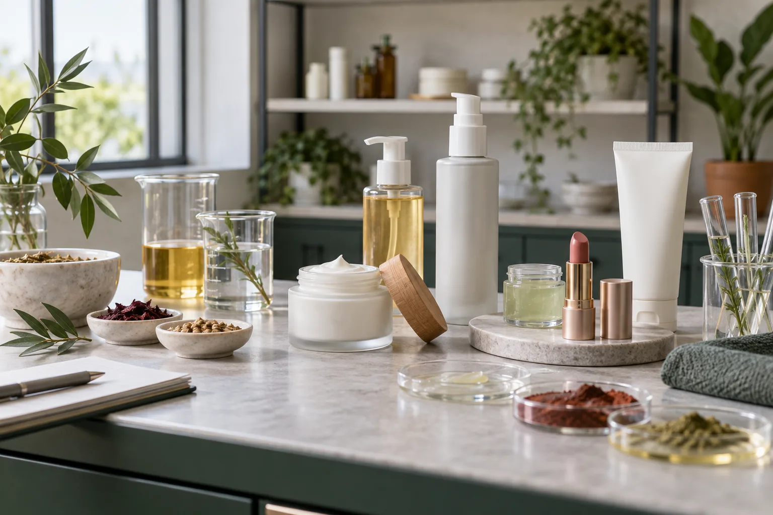Envases cosméticos sin marca acompañados de muestras de ingredientes y distintos formatos.