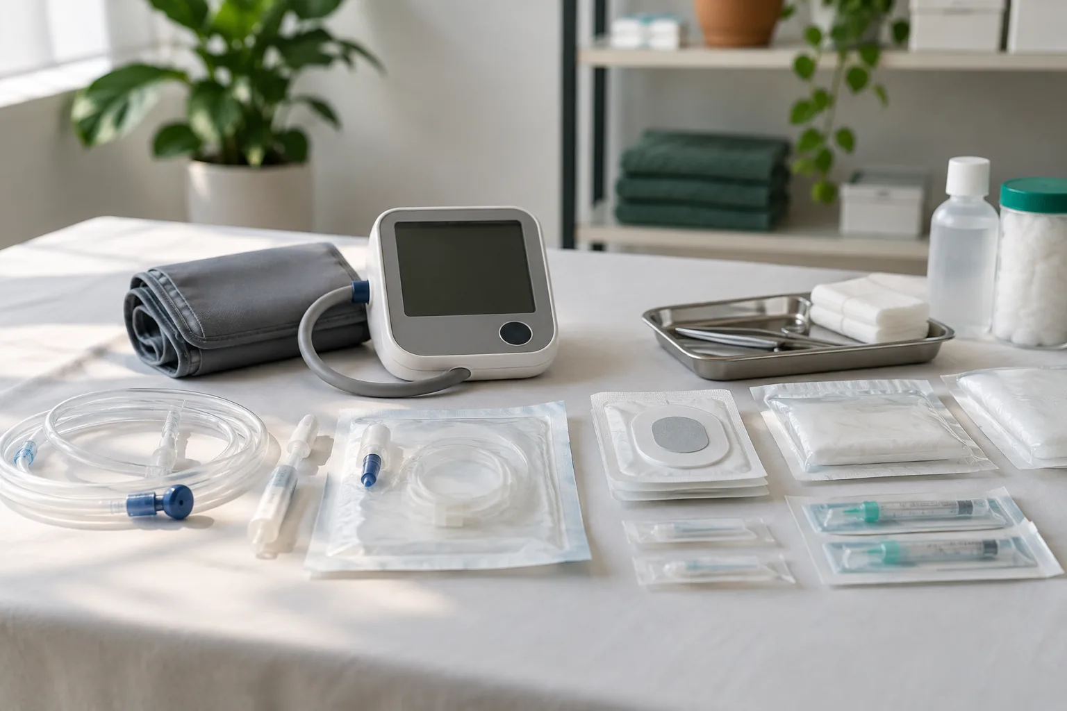 Dispositivos médicos y consumibles sin marca organizados en una mesa clínica limpia.