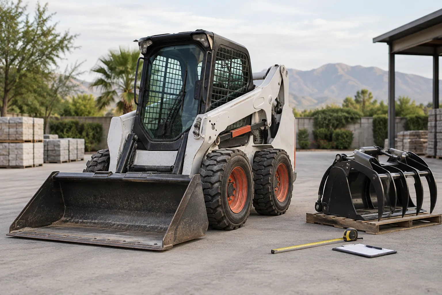 Minicargador y accesorios de construcción preparados para revisar horas, medidas y condición.