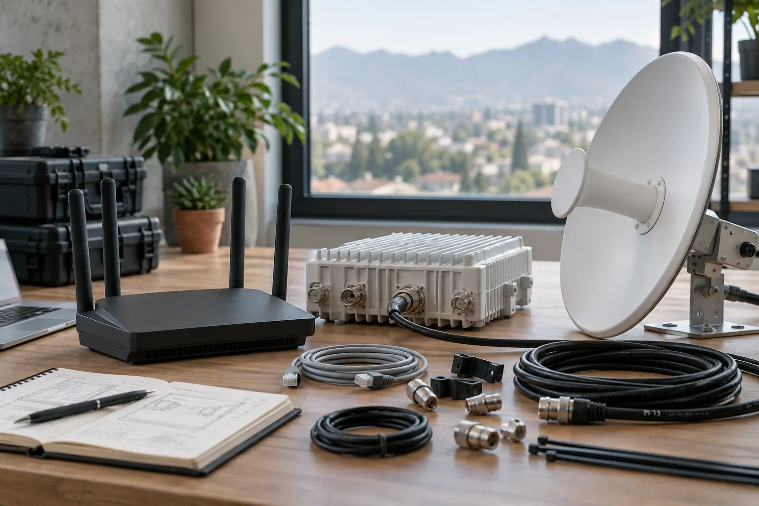 Router, antena y radio sin marca organizados para revisar conexiones, frecuencia y potencia.