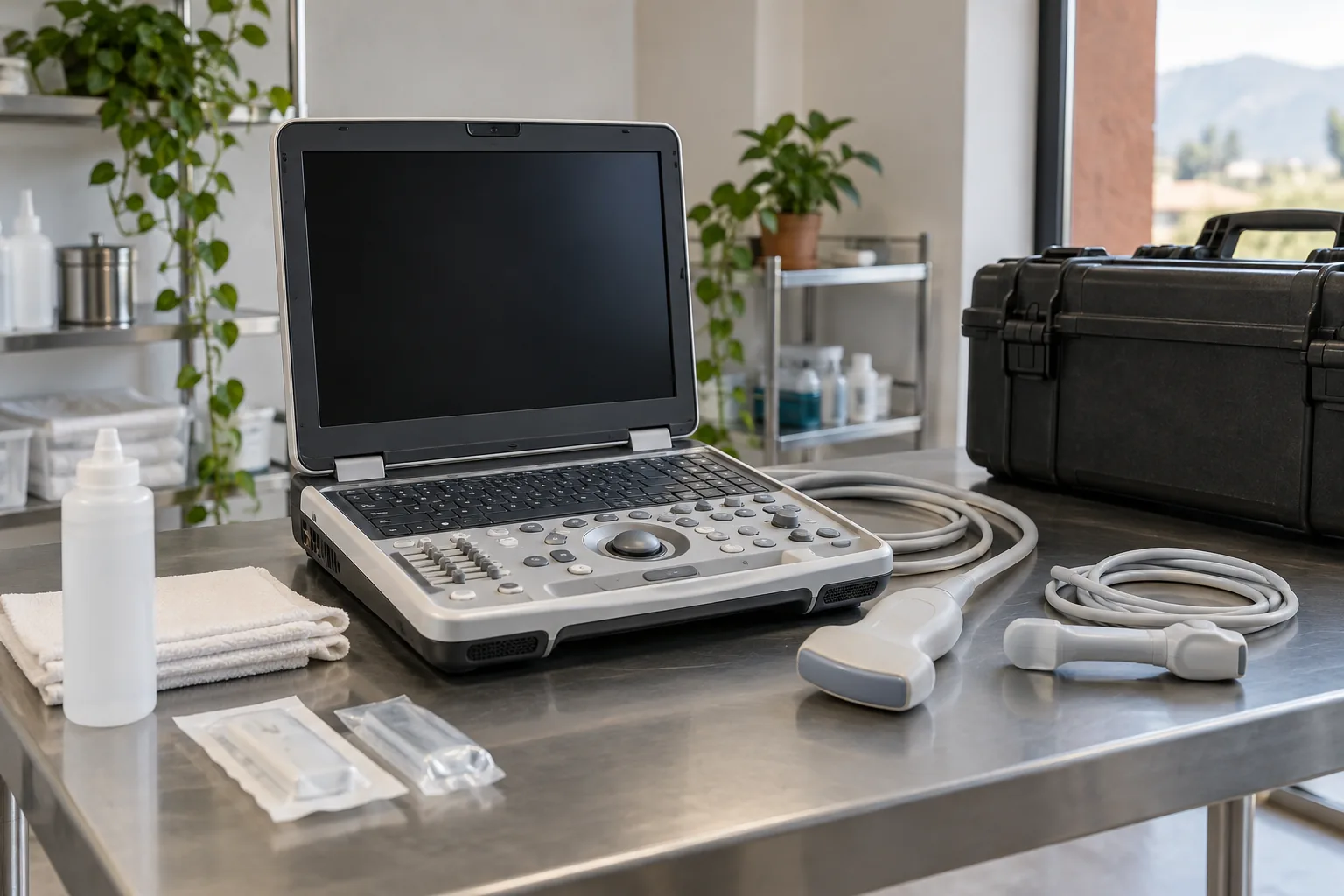 Equipo médico de diagnóstico sin marca preparado para revisar modelo, accesorios y condición.