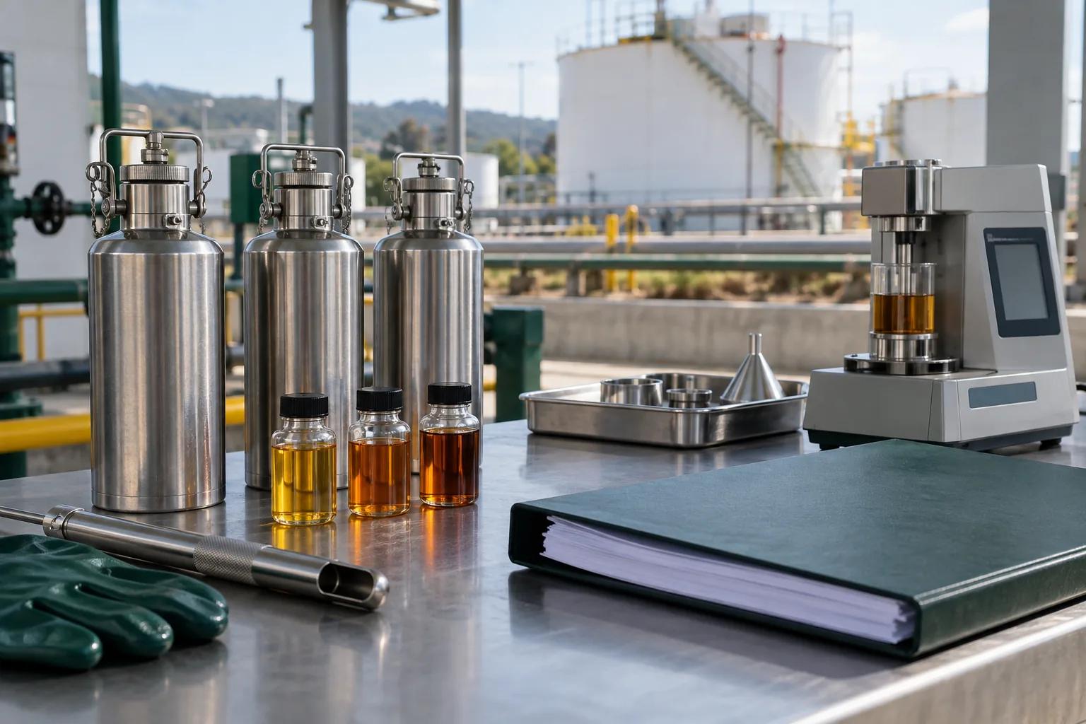 Muestras selladas de productos petrolíferos junto a instrumentos para revisar sus especificaciones.