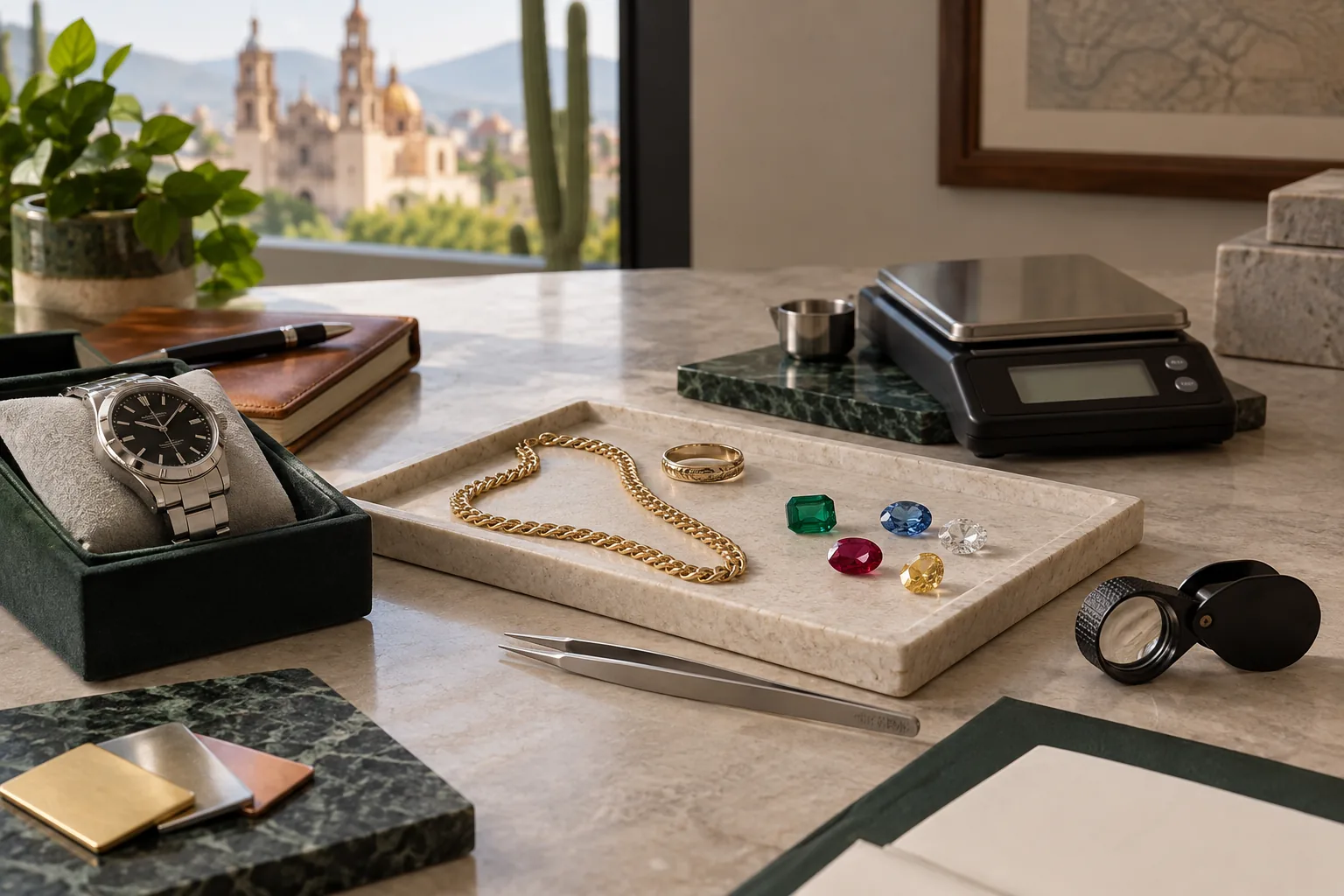 Joyería, reloj y piedras sin marca organizados con báscula y lupa para documentar materiales.