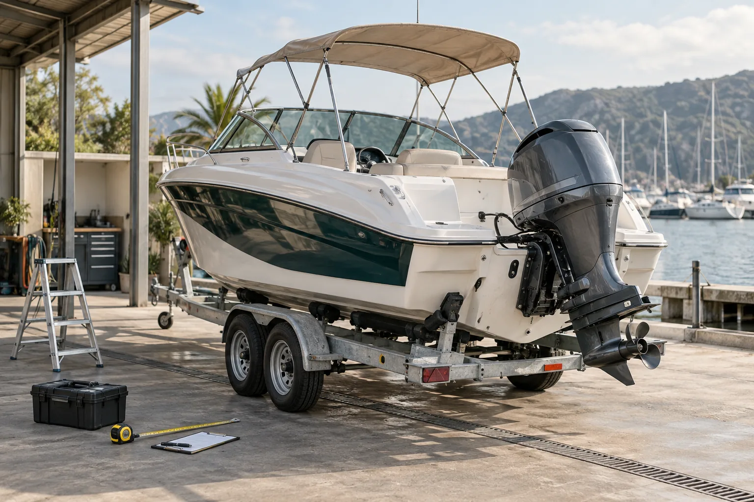 Lancha sobre remolque en una marina de servicio preparada para revisar casco, motor y dimensiones.