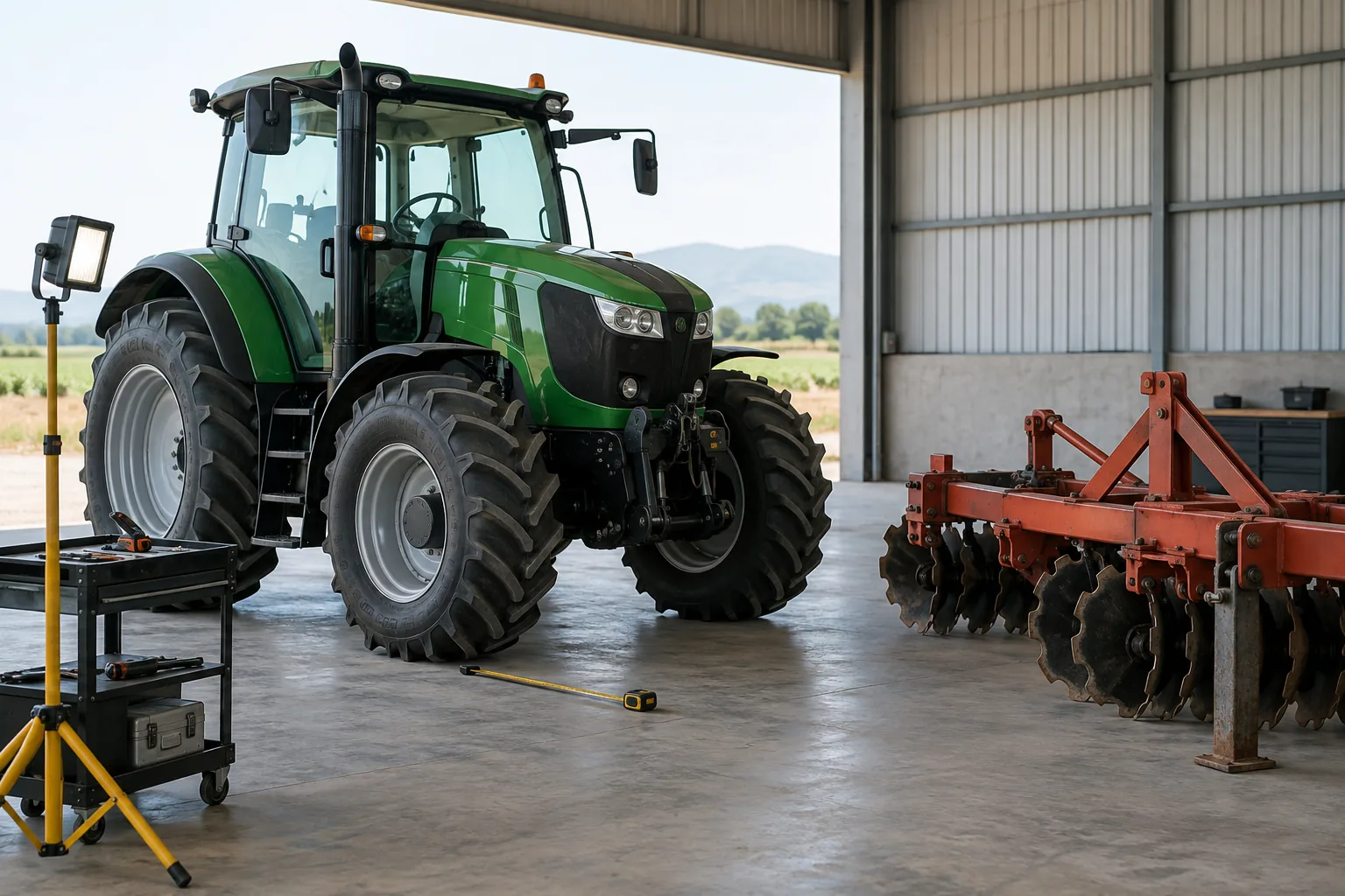 Tractor y apero agrícola limpios en una zona de inspección con suelo y residuos controlados.