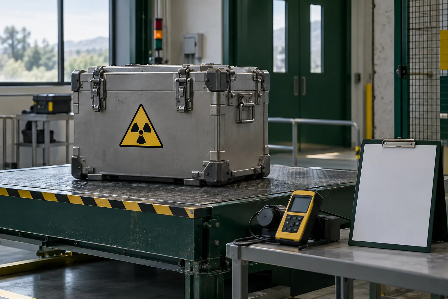 Contenedor técnico blindado y sellado en una instalación controlada con instrumentos de medición.
