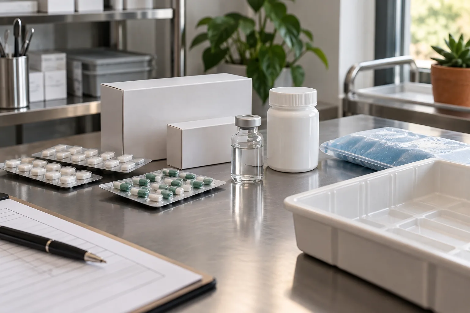 Presentaciones farmacéuticas sin marca organizadas en un entorno clínico seguro y controlado.