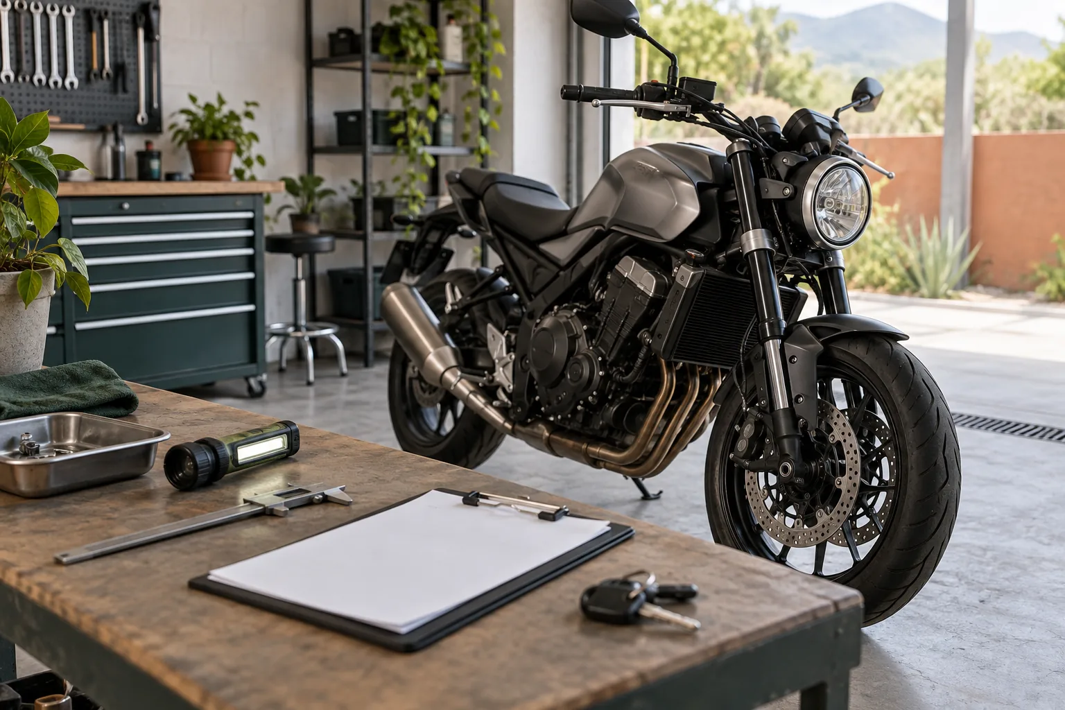 Motocicleta sin marca en un taller limpio con instrumentos de inspección y documentación.