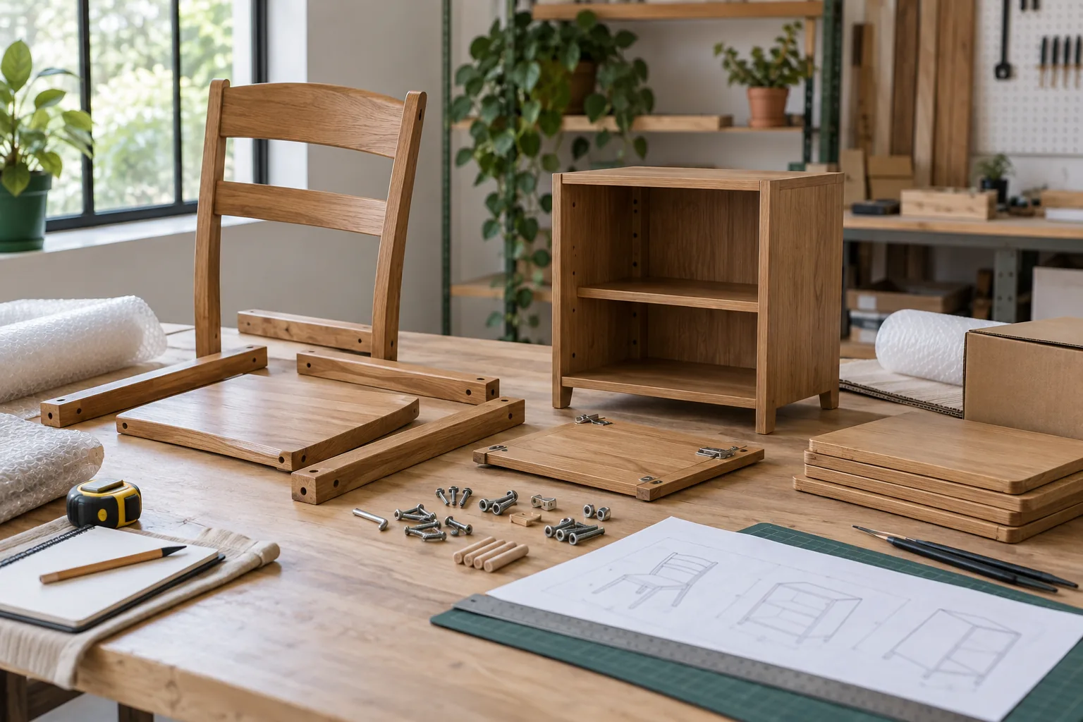 Mueble desmontado con piezas, herrajes y protección de empaque preparados para medir.