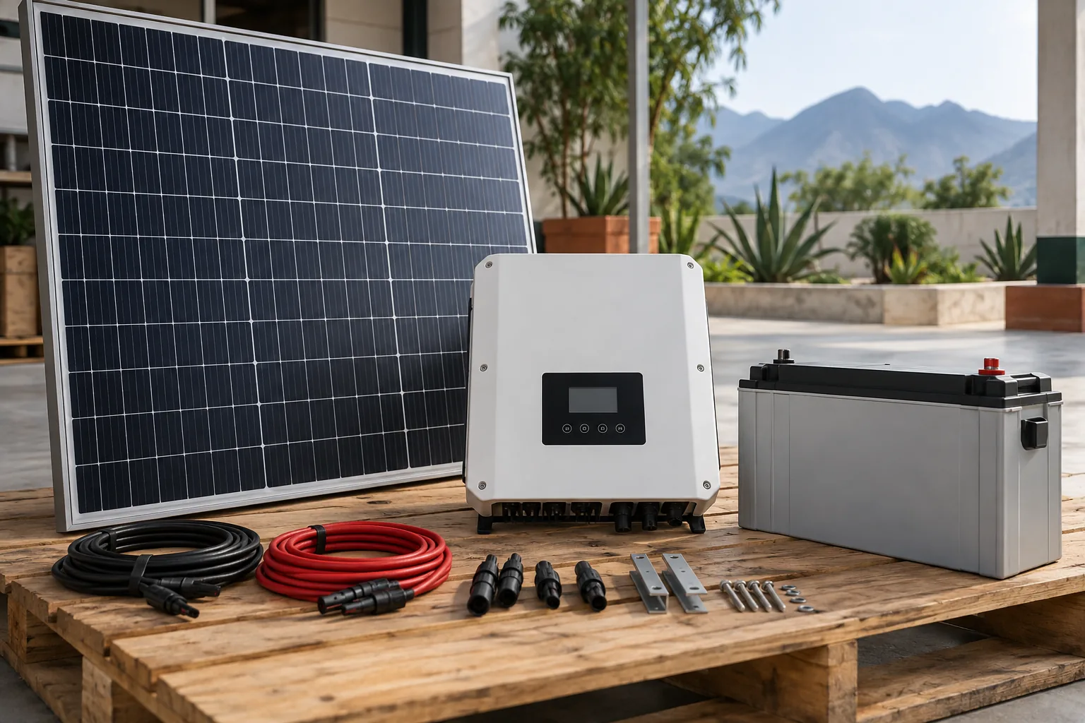 Panel solar, inversor, batería y cableado organizados por componente para inspección.