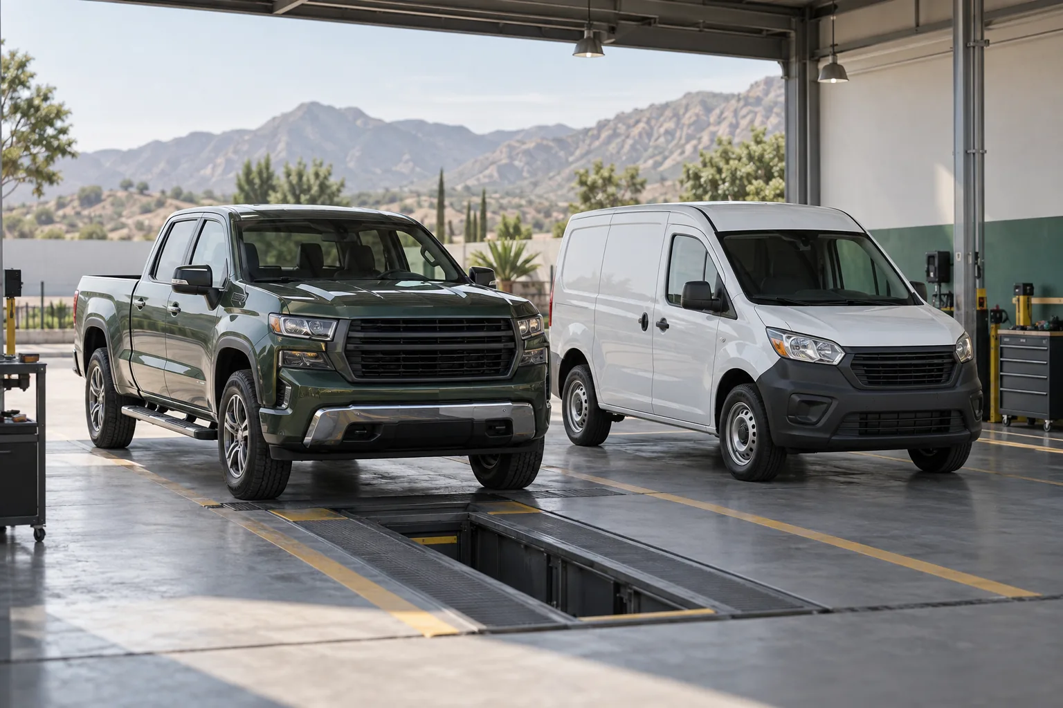 Pickup y van sin marca dispuestas para comparar carrocería, asientos y capacidad de carga.