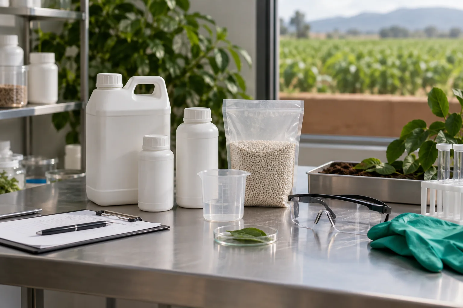 Envases agrícolas sin marca con muestras de formulación y equipo de protección para inspección.