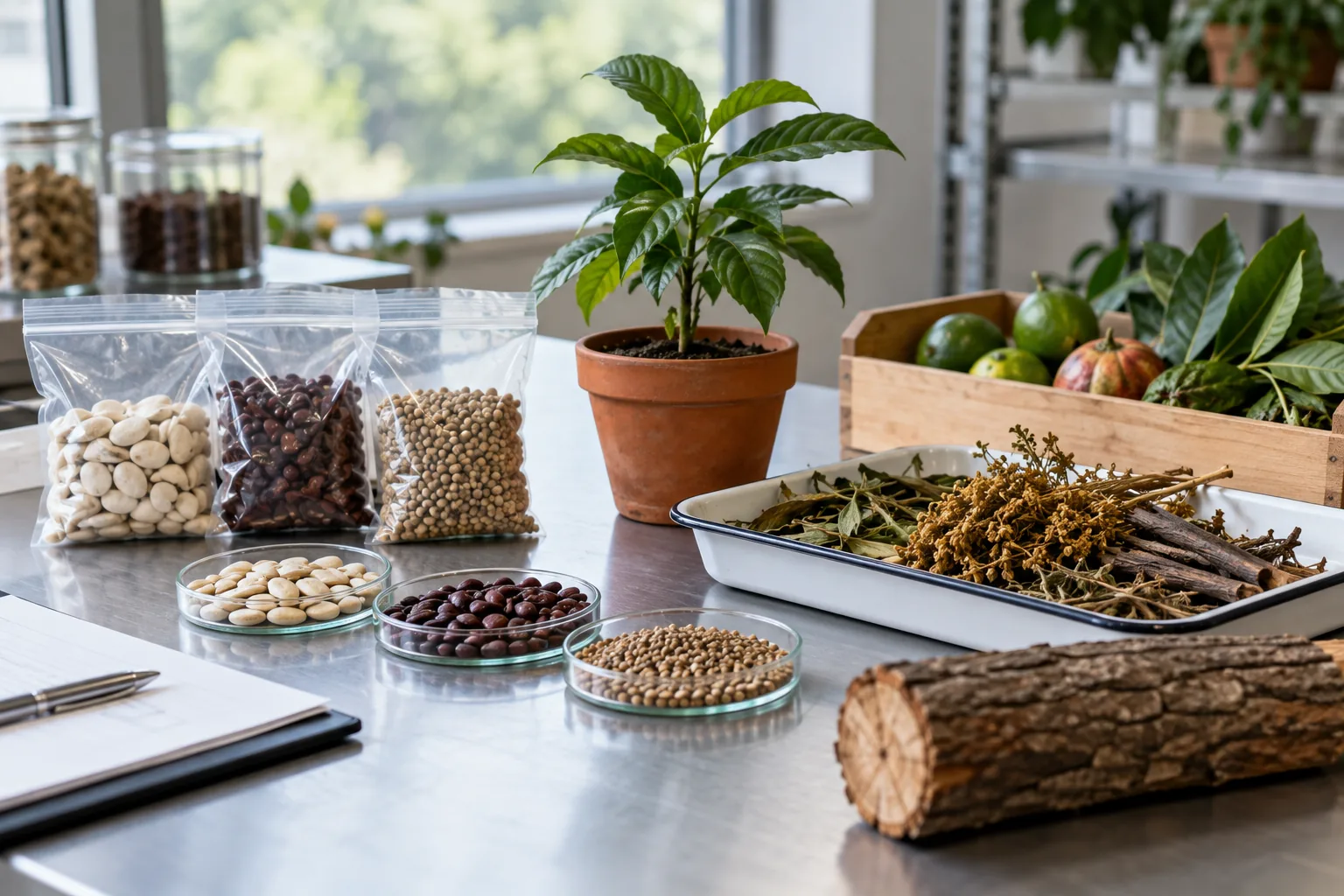Semillas, planta joven y muestras vegetales identificables organizadas por especie y presentación.