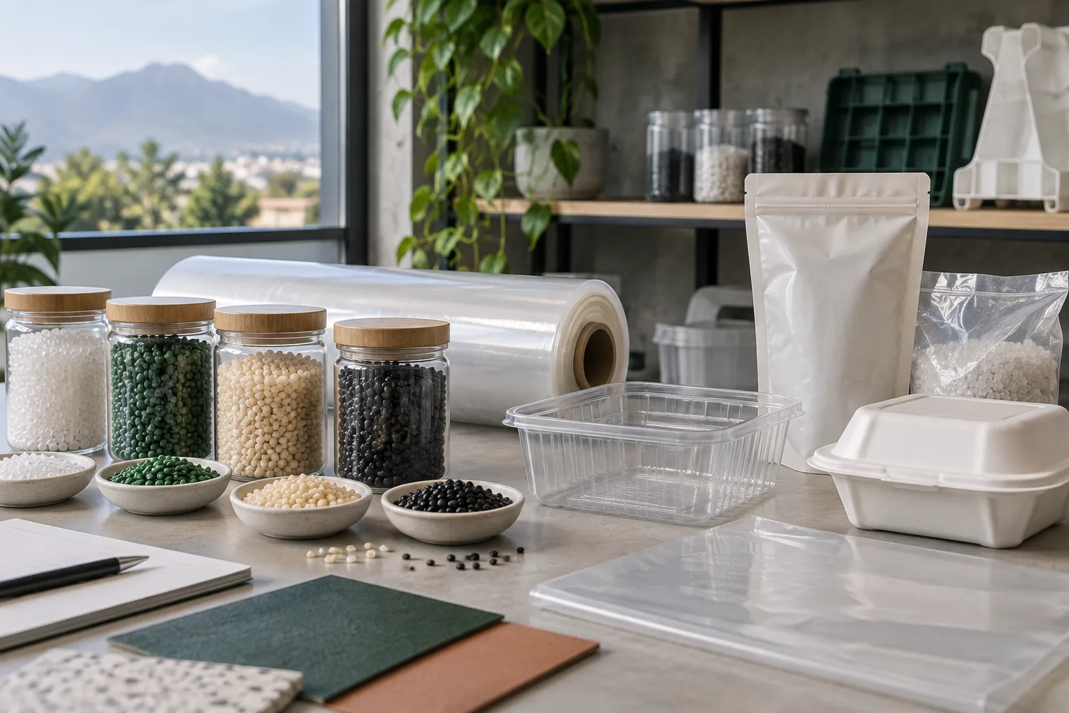 Pellets, película, lámina y envases plásticos sin marca separados por material y presentación.