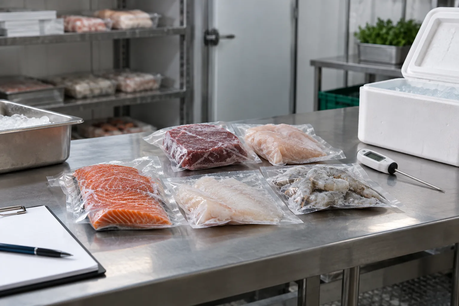 Productos pesqueros y de origen animal empacados y conservados por separado en una inspección fría.