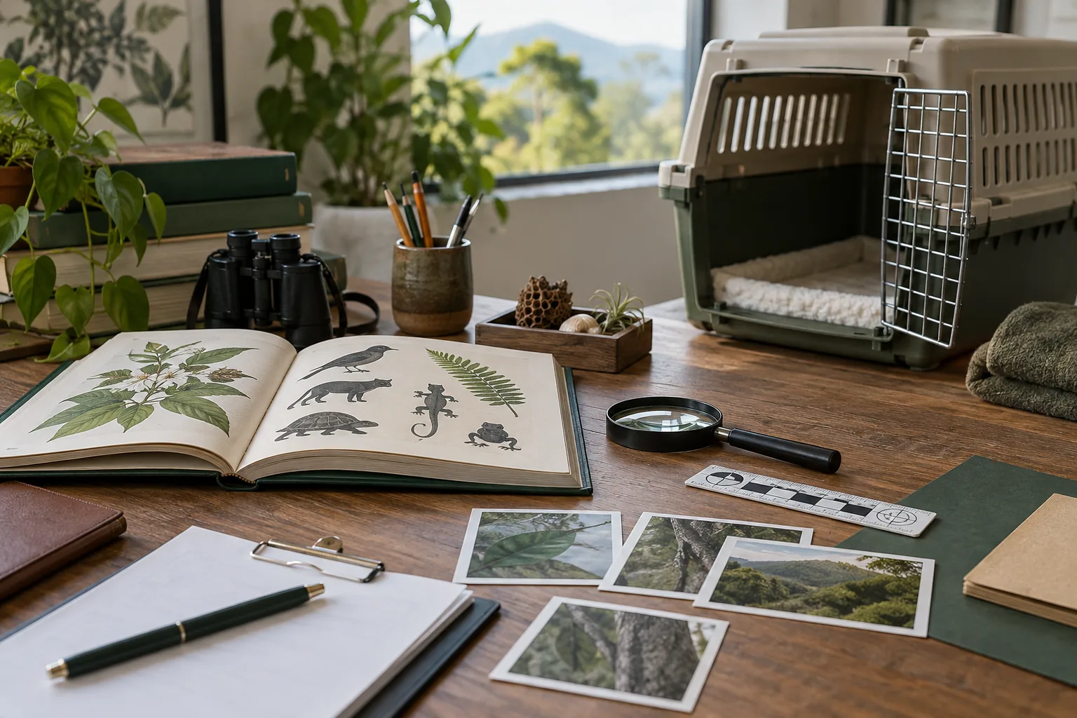 Mesa de documentación de conservación con guía de especies, fotografías y contenedor de transporte vacío.
