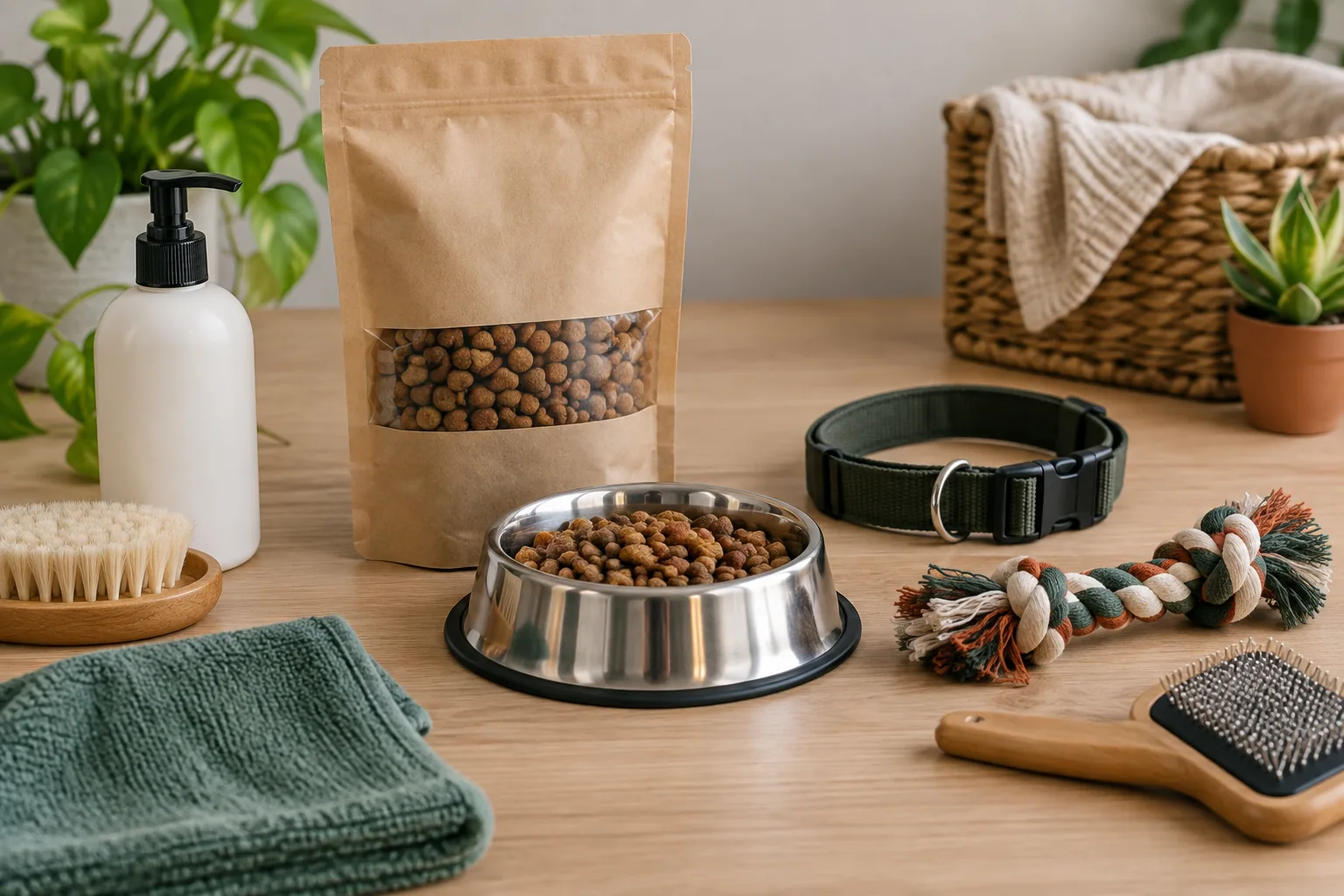 Alimento y accesorios para mascotas sin marca separados por función, material y presentación.