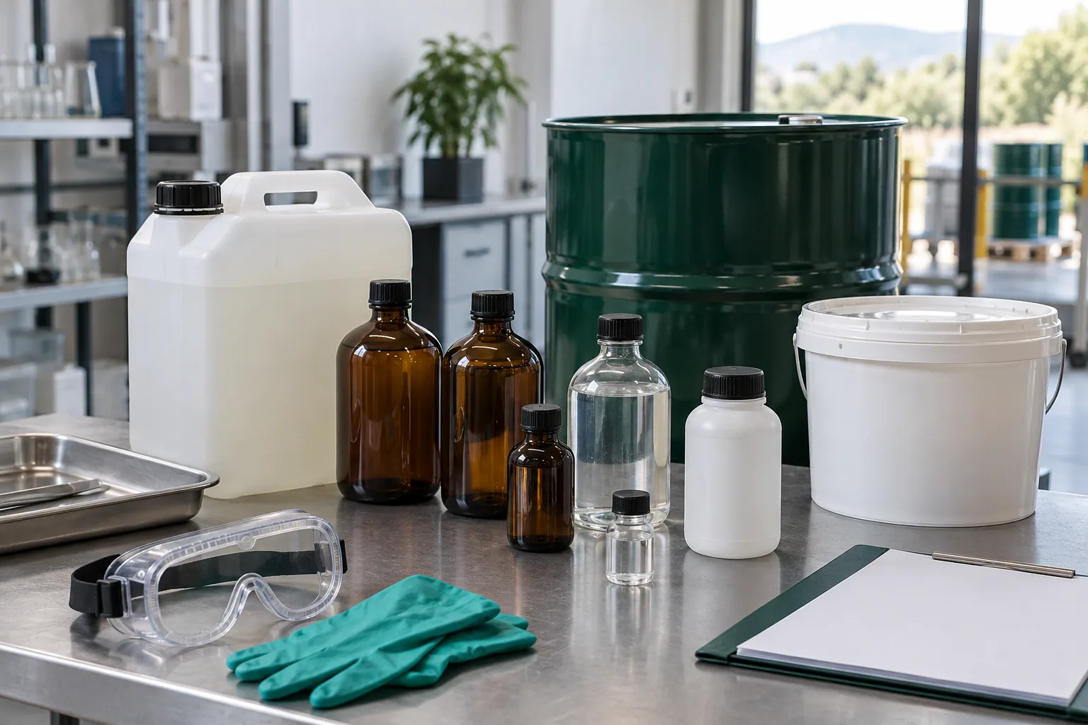 Envases químicos de laboratorio sin marca con equipo de protección y muestras controladas.