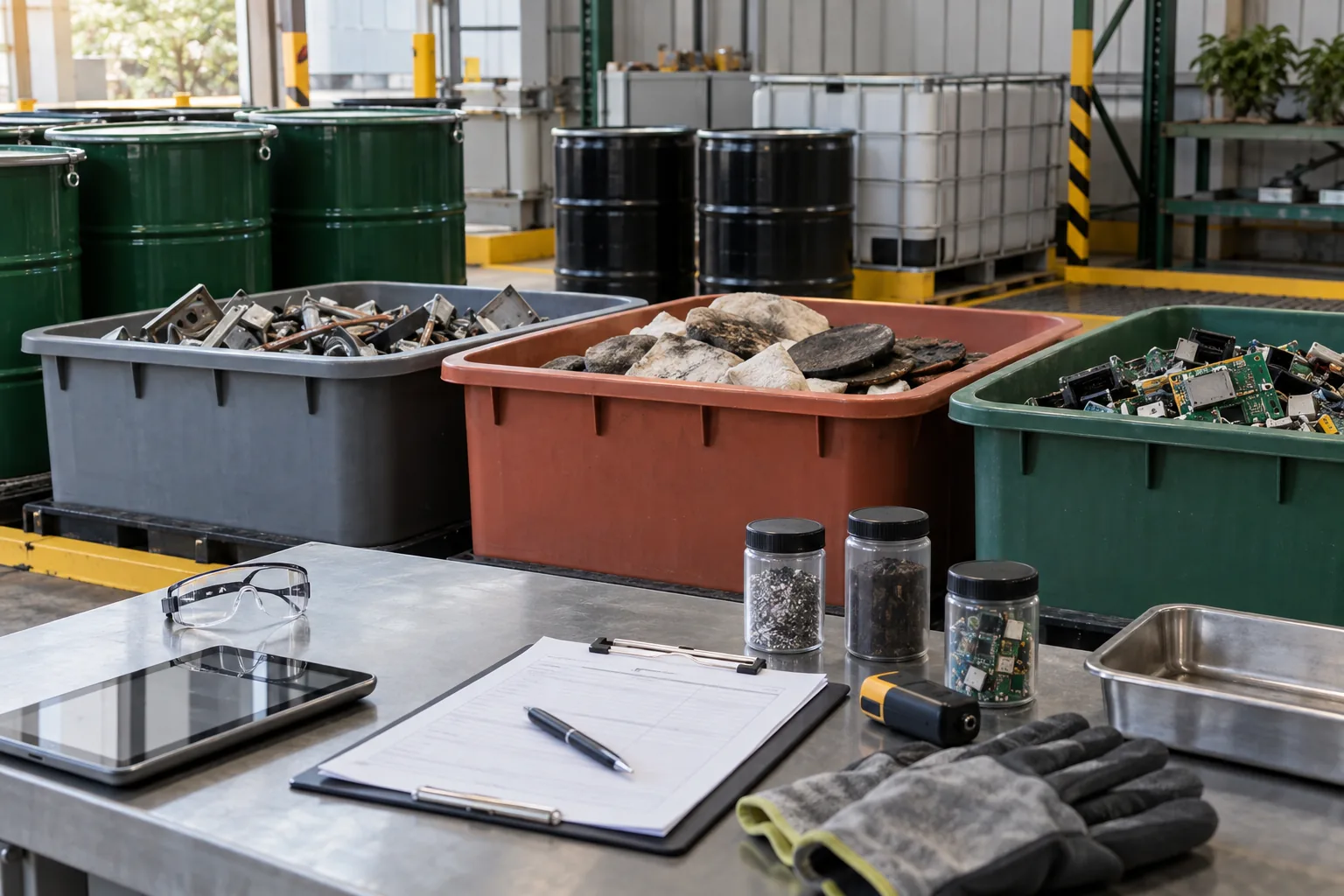 Materiales industriales separados en recipientes seguros junto a equipo de protección y muestreo.