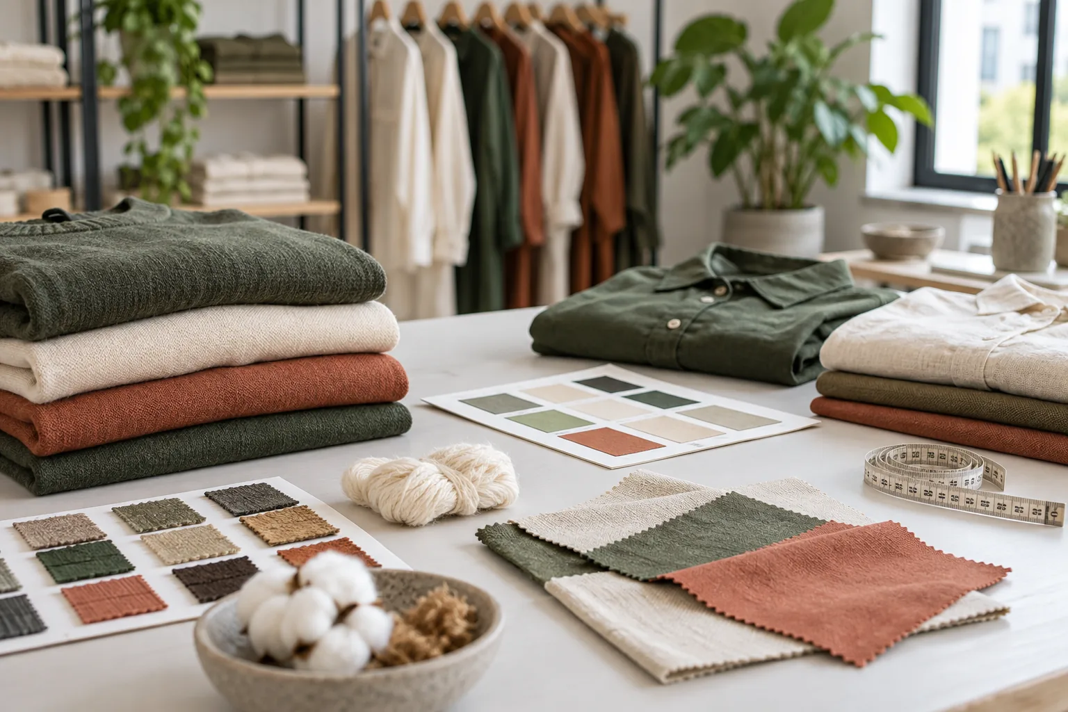Prendas nuevas, muestras textiles y fichas de color organizadas para revisar composición y presentación.