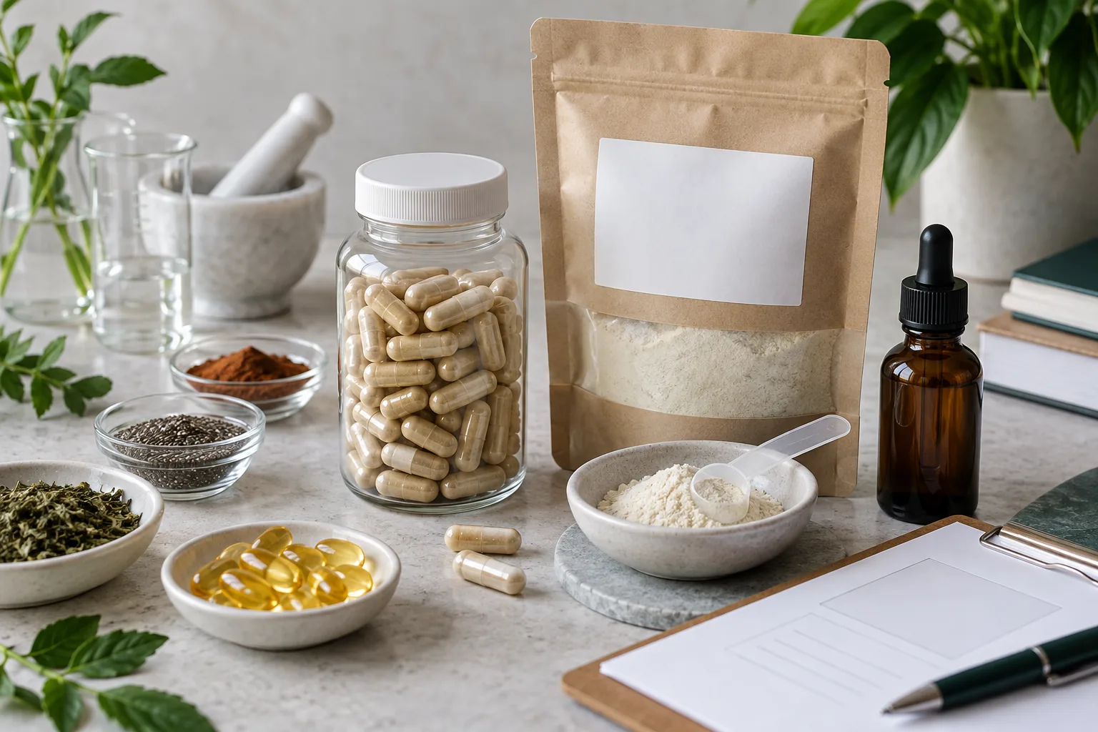Suplementos sin marca en cápsulas, polvo y líquido acompañados por sus ingredientes.