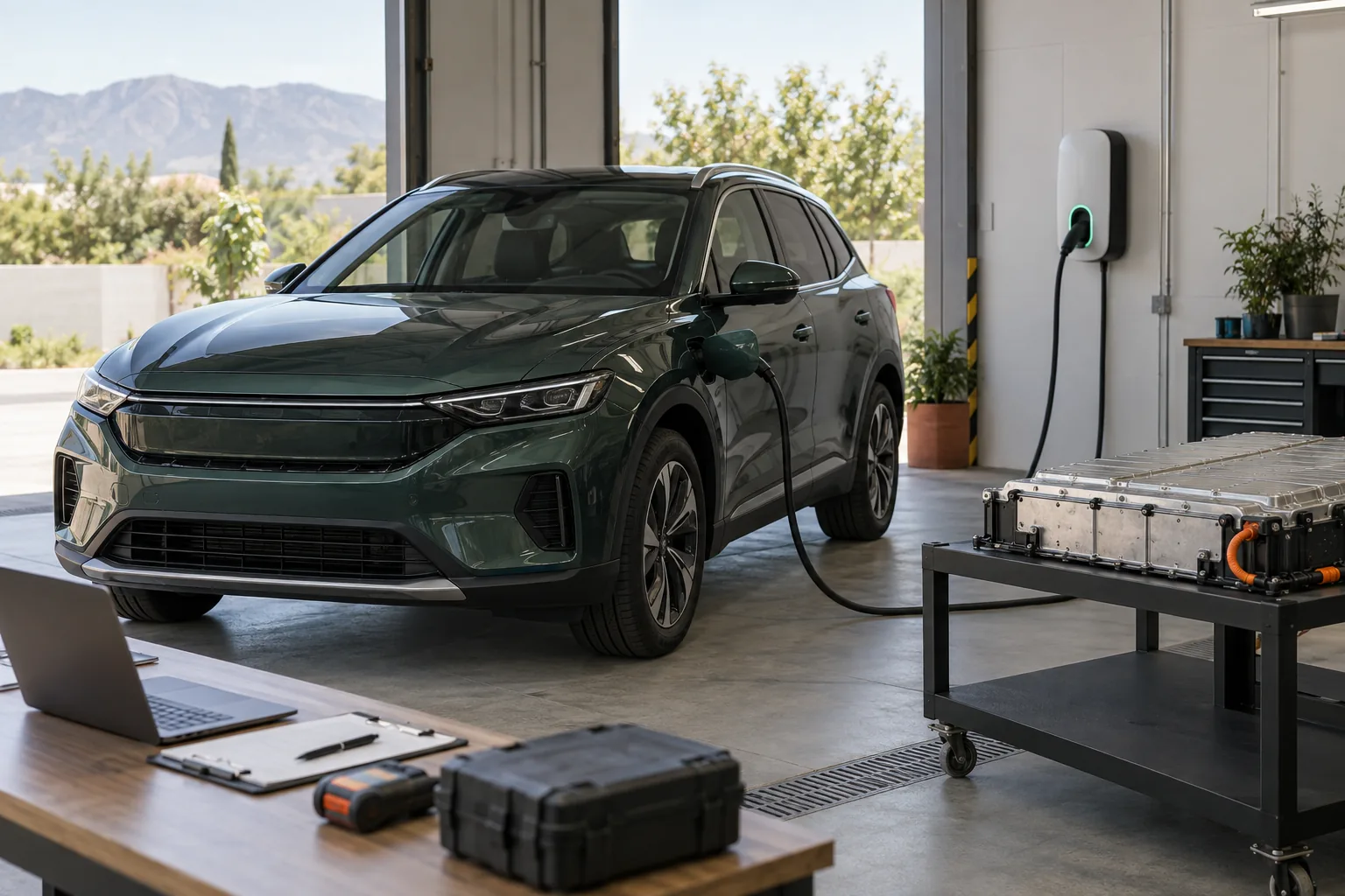 Vehículo eléctrico sin marca conectado a un cargador junto a cable y módulo de batería.