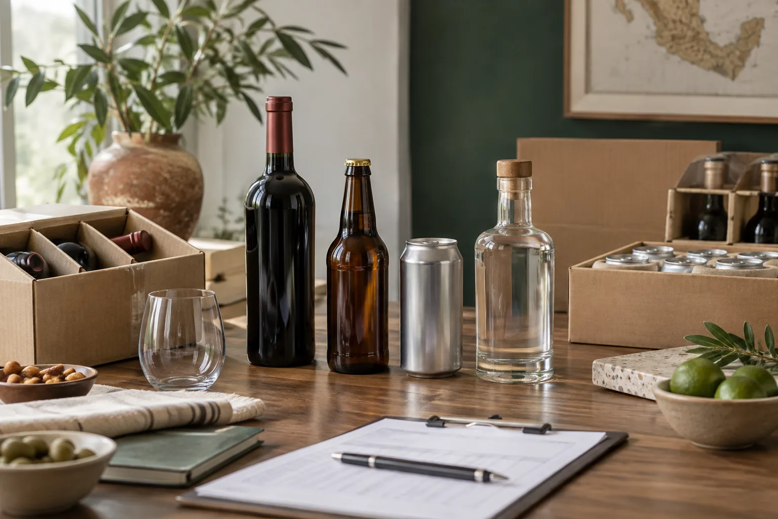 Botellas y latas de bebidas alcohólicas sin marca organizadas por tipo, volumen y presentación.